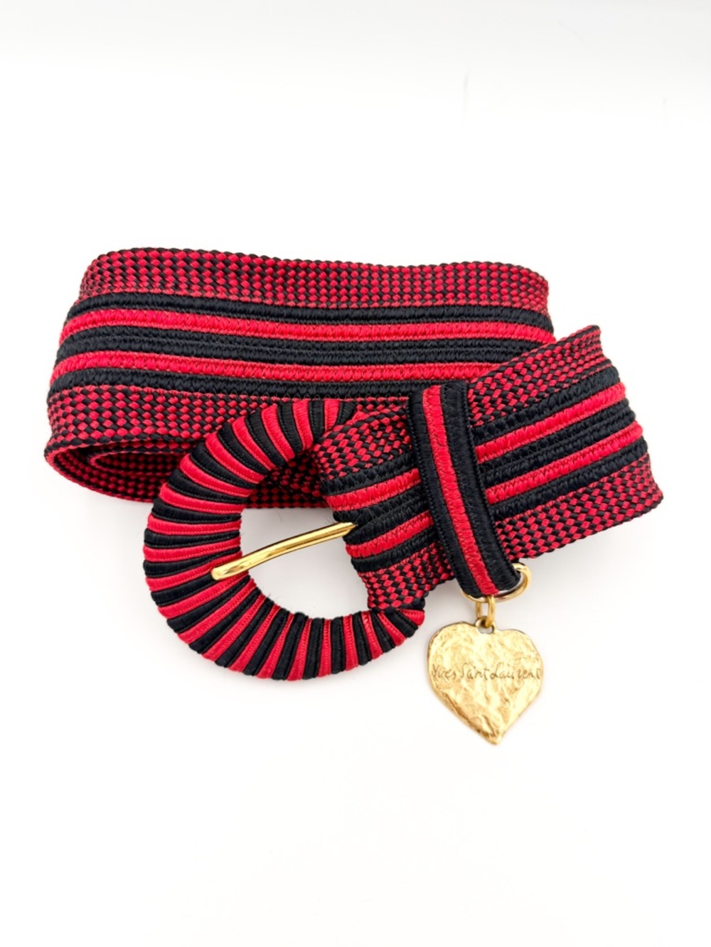 Yves Saint Laurent Vintage Woven Belt Red Black Heart Charm 39.5” YSL Gold Cord